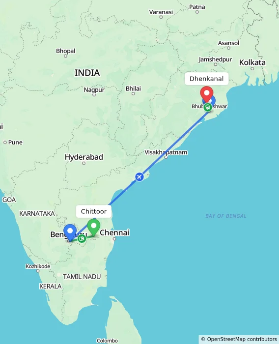 Route map showing distance and travel time from Chittoor, India to Dhenkanal, India