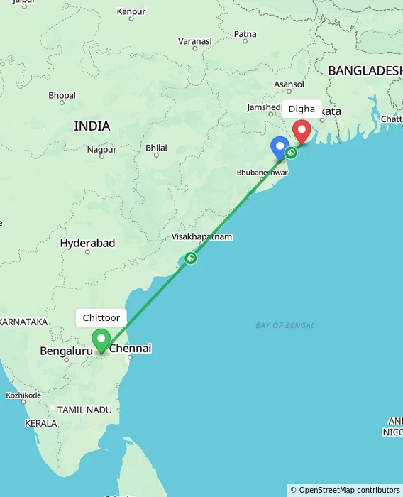 Route map showing distance and travel time from Chittoor, India to Digha, India