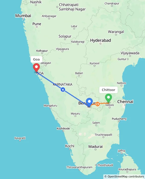 Route map showing distance and travel time from Chittoor, India to Goa, India
