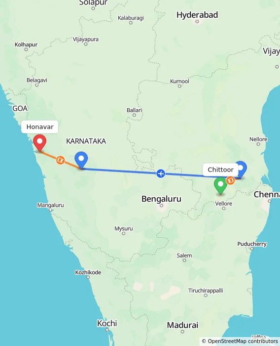 Route map showing distance and travel time from Chittoor, India to Honavar, India