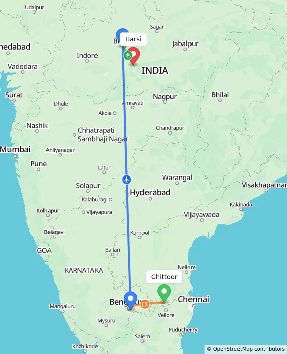 Route map showing distance and travel time from Chittoor, India to Itarsi, India