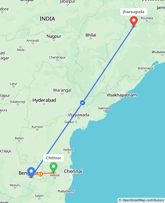 Route map showing distance and travel time from Chittoor, India to Jharsuguda, India