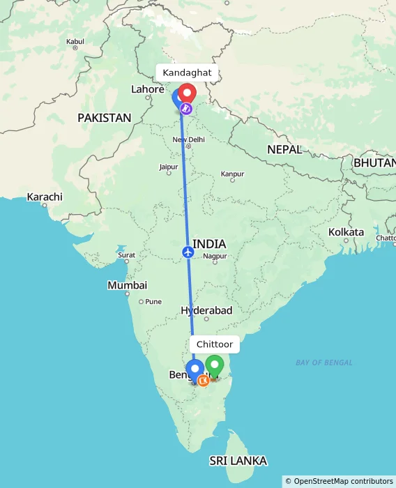 Route map showing distance and travel time from Chittoor, India to Kandaghat, India