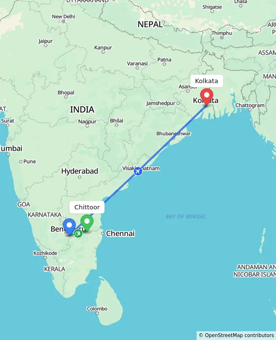 Route map showing distance and travel time from Chittoor, India to Kolkata, India