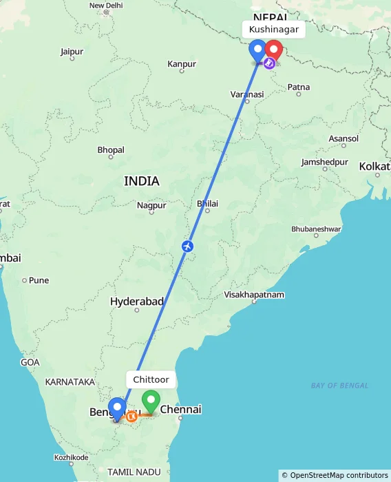 Route map showing distance and travel time from Chittoor, India to Kushinagar, India