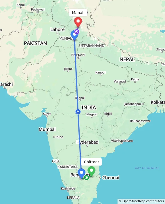 Route map showing distance and travel time from Chittoor, India to Manali, India
