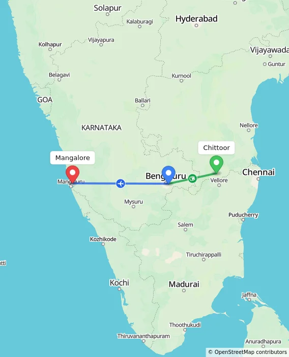 Route map showing distance and travel time from Chittoor, India to Mangalore, India