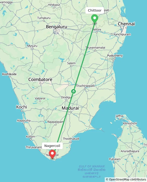 Route map showing distance and travel time from Chittoor, India to Nagercoil, India