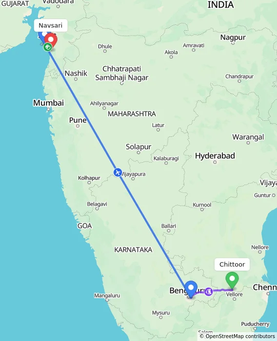 Route map showing distance and travel time from Chittoor, India to Navsari, India