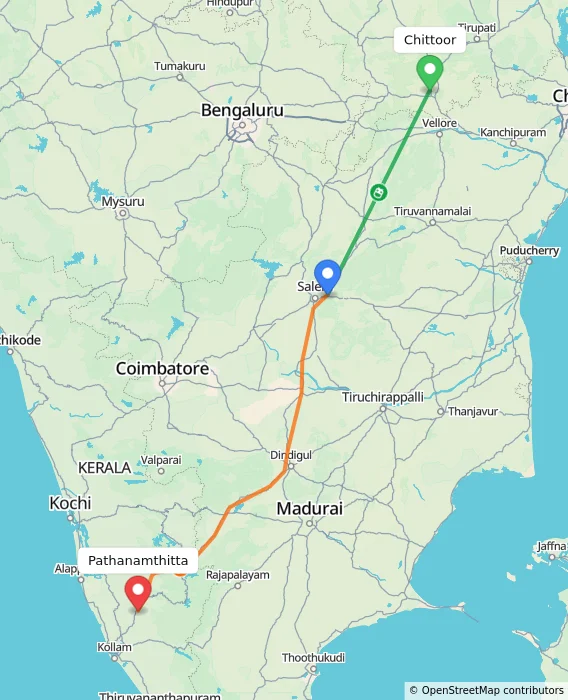 Route map showing distance and travel time from Chittoor, India to Pathanamthitta, India