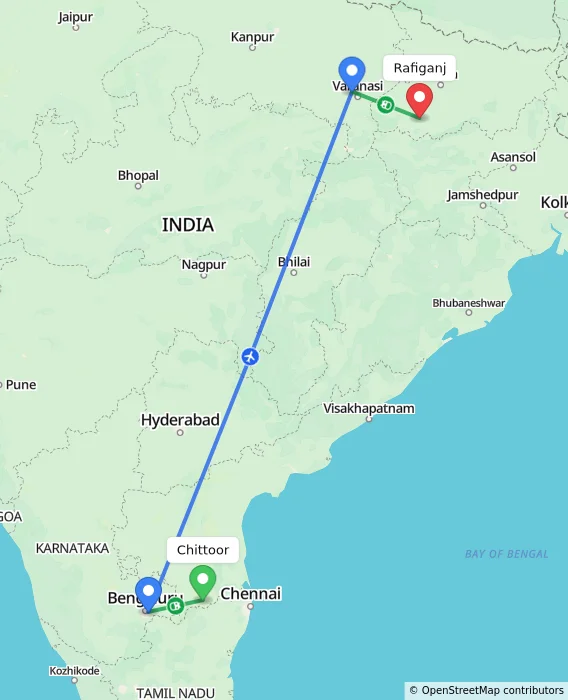 Route map showing distance and travel time from Chittoor, India to Rafiganj, India