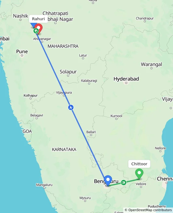 Route map showing distance and travel time from Chittoor, India to Rahuri, India