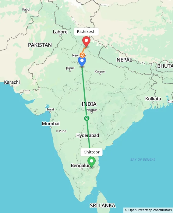 Route map showing distance and travel time from Chittoor, India to Rishikesh, India