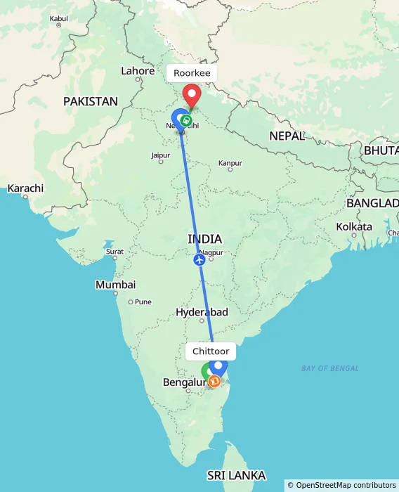 Route map showing distance and travel time from Chittoor, India to Roorkee, India