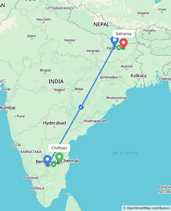Route map showing distance and travel time from Chittoor, India to Saharsa, India
