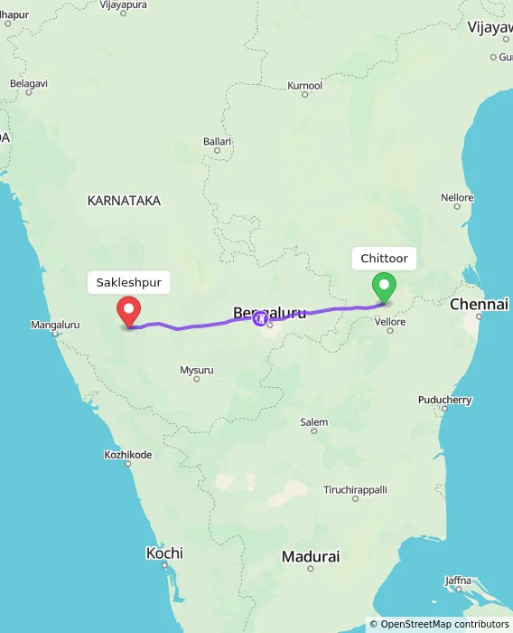 Route map showing distance and travel time from Chittoor, India to Sakleshpur, India