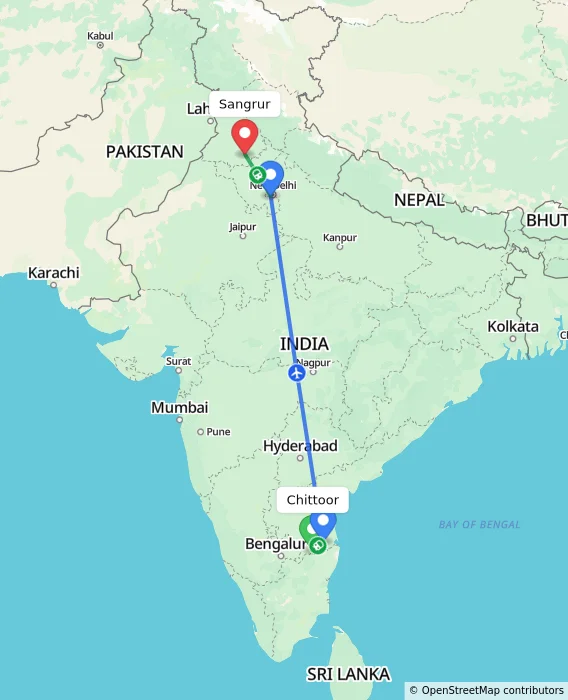 Route map showing distance and travel time from Chittoor, India to Sangrur, India