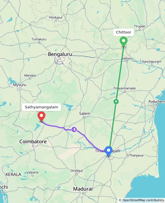 Route map showing distance and travel time from Chittoor, India to Sathyamangalam, India
