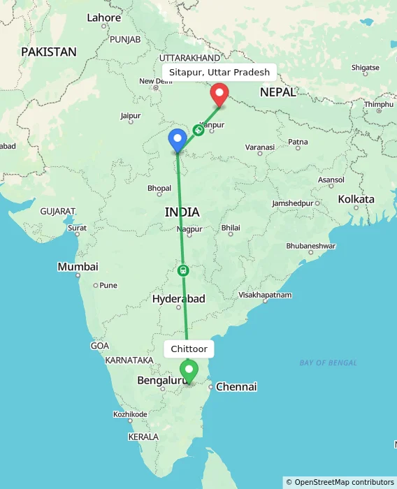 Route map showing distance and travel time from Chittoor, India to Sitapur, Uttar Pradesh, India