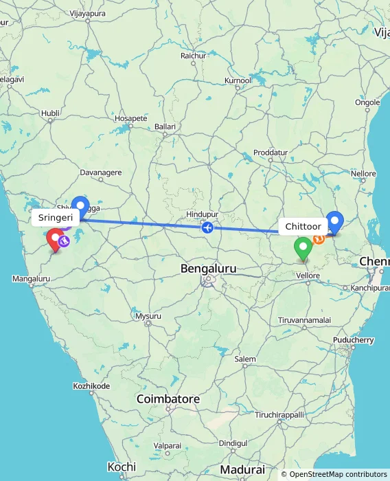 Route map showing distance and travel time from Chittoor, India to Sringeri, India