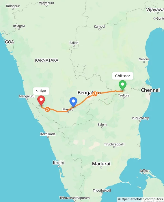 Route map showing distance and travel time from Chittoor, India to Sulya, India