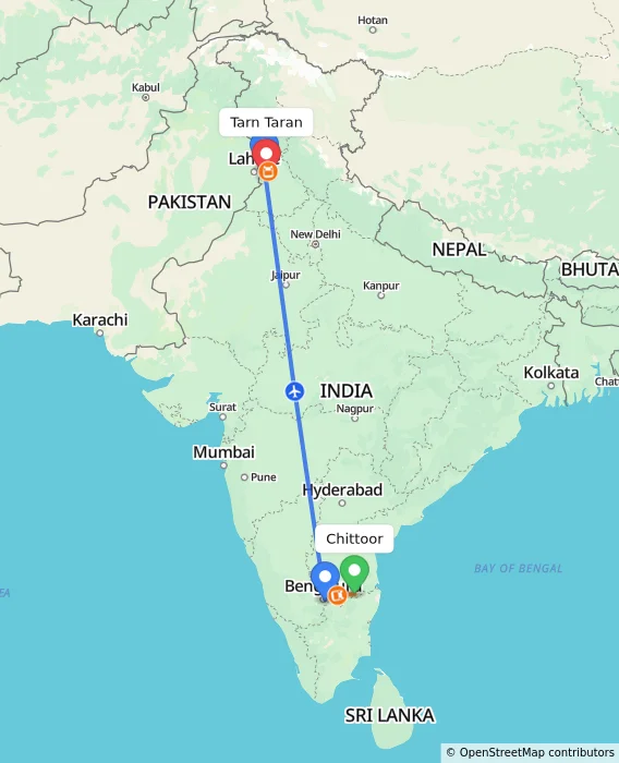 Route map showing distance and travel time from Chittoor, India to Tarn Taran, India