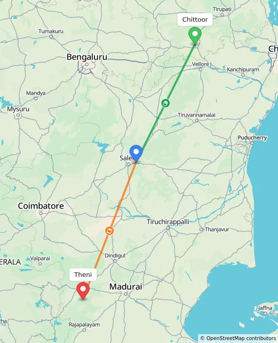 Route map showing distance and travel time from Chittoor, India to Theni, India