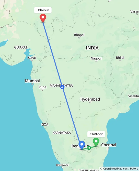 Route map showing distance and travel time from Chittoor, India to Udaipur, India