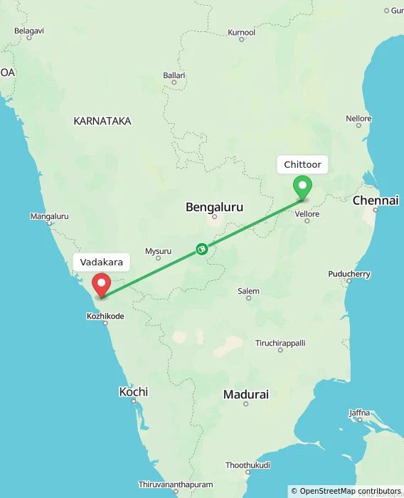 Route map showing distance and travel time from Chittoor, India to Vadakara, India
