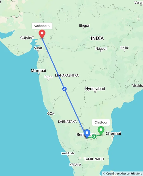 Route map showing distance and travel time from Chittoor, India to Vadodara, India