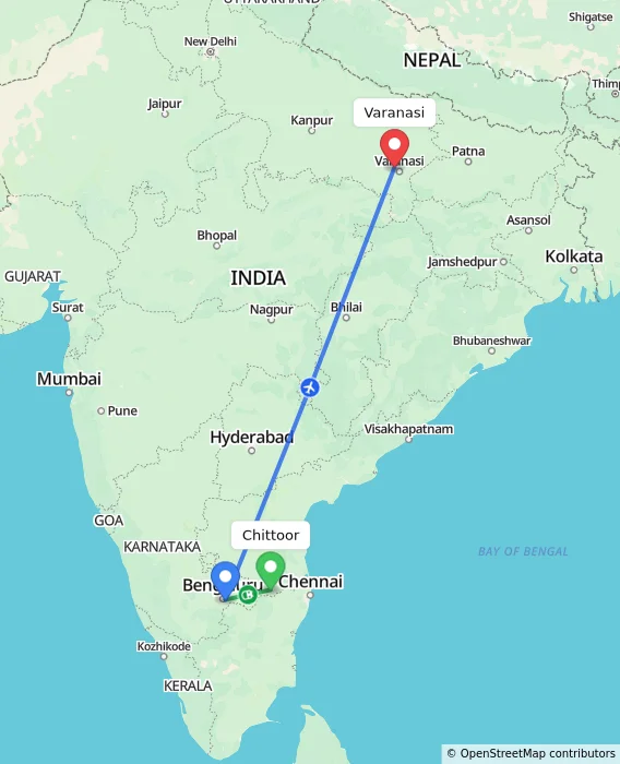 Route map showing distance and travel time from Chittoor, India to Varanasi, India