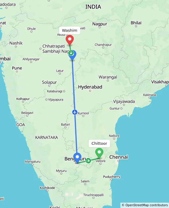 Route map showing distance and travel time from Chittoor, India to Washim, India