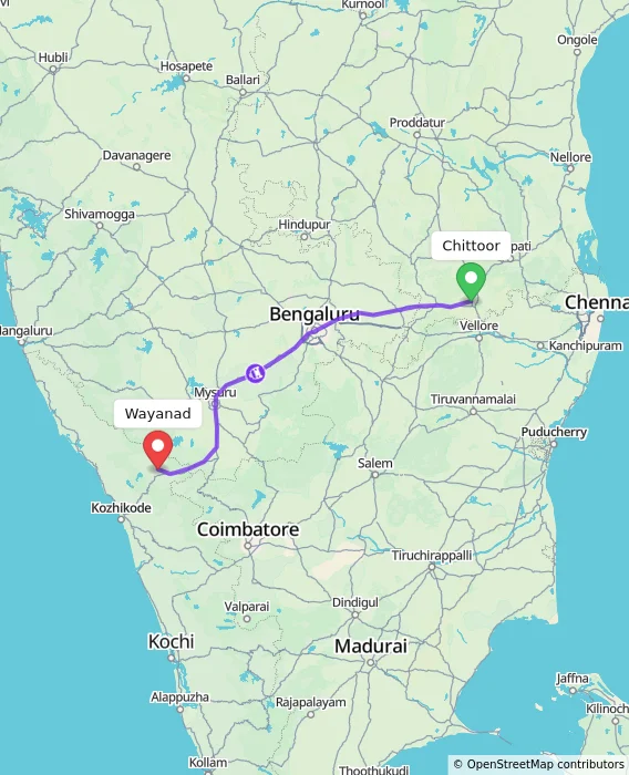 Route map showing distance and travel time from Chittoor, India to Wayanad, India