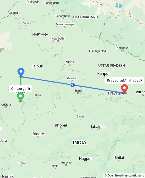 Route map showing distance and travel time from Chittorgarh, India to Allahabad, India