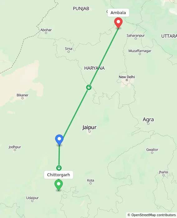 Route map showing distance and travel time from Chittorgarh, India to Ambala, India