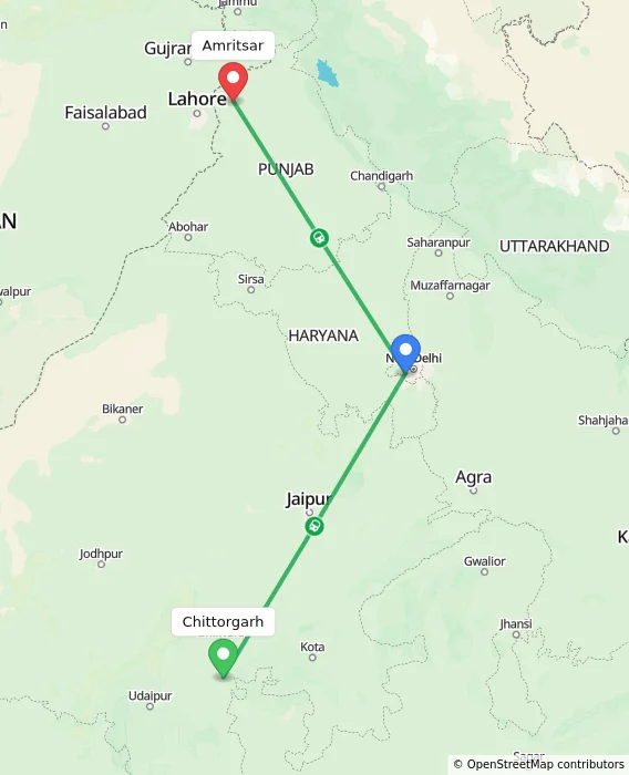 Route map showing distance and travel time from Chittorgarh, India to Amritsar, India