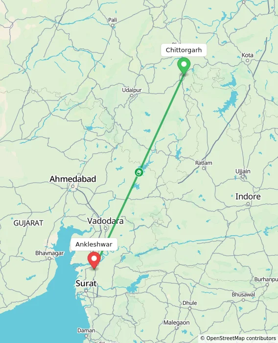 Route map showing distance and travel time from Chittorgarh, India to Ankleshwar, India