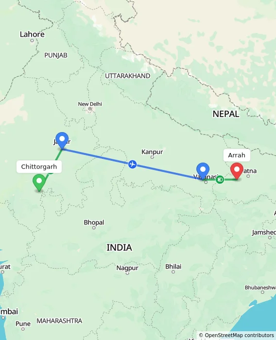 Route map showing distance and travel time from Chittorgarh, India to Arrah, India