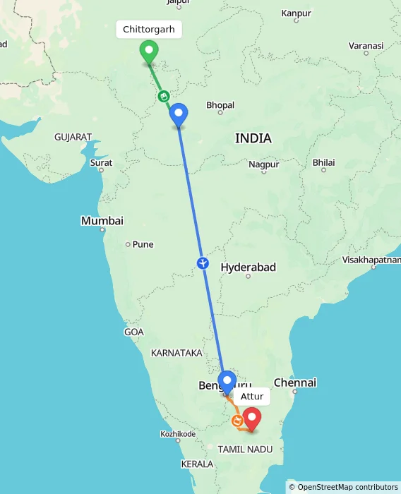 Route map showing distance and travel time from Chittorgarh, India to Attur, India