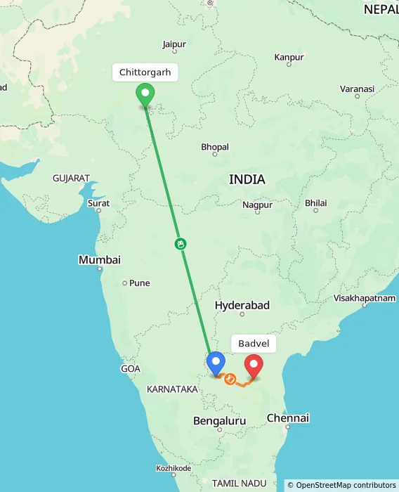 Route map showing distance and travel time from Chittorgarh, India to Badvel, India