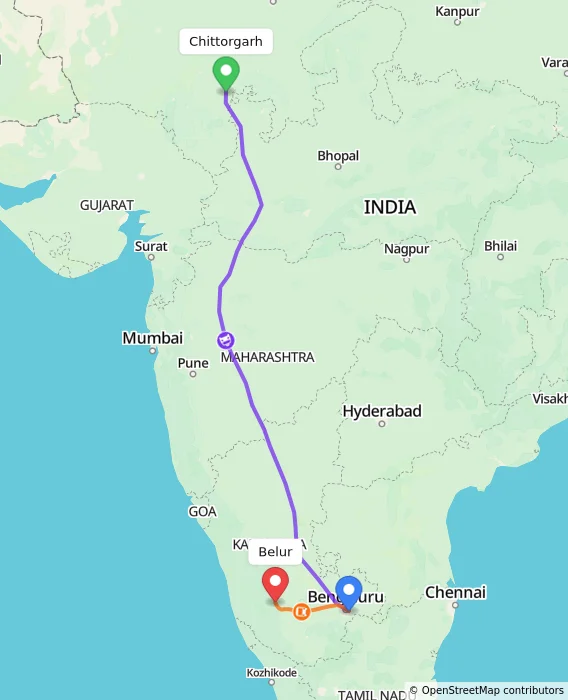 Route map showing distance and travel time from Chittorgarh, India to Belur, India