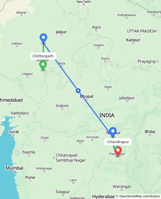 Route map showing distance and travel time from Chittorgarh, India to Chandrapur, India