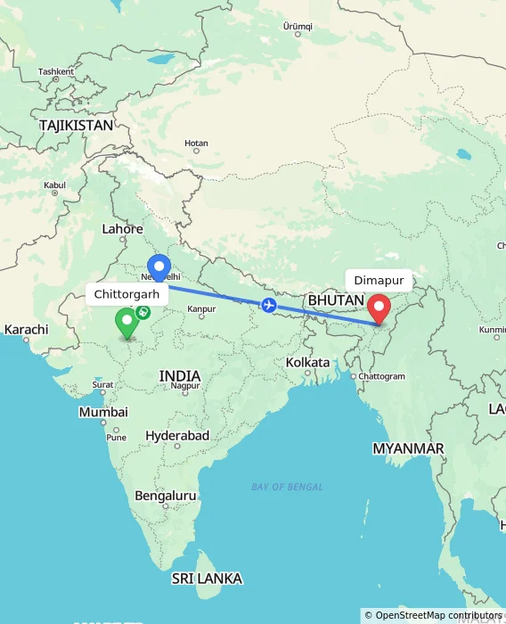 Route map showing distance and travel time from Chittorgarh, India to Dimapur, India