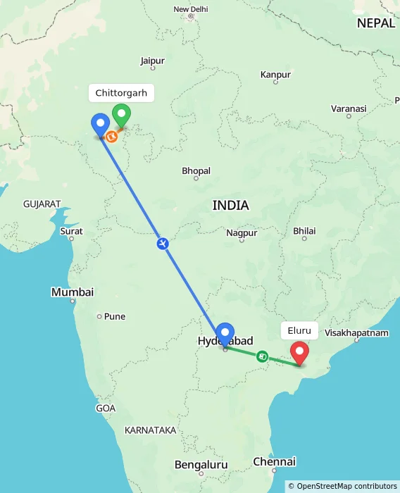 Route map showing distance and travel time from Chittorgarh, India to Eluru, India