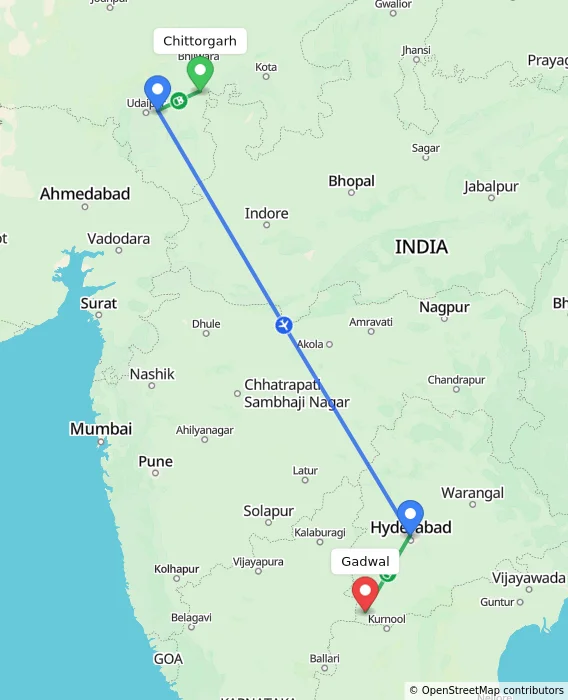 Route map showing distance and travel time from Chittorgarh, India to Gadwal, India
