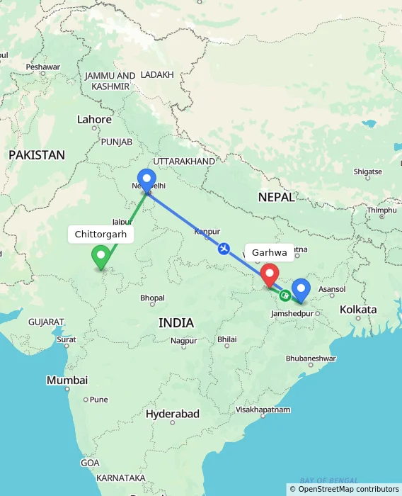 Route map showing distance and travel time from Chittorgarh, India to Garhwa, India