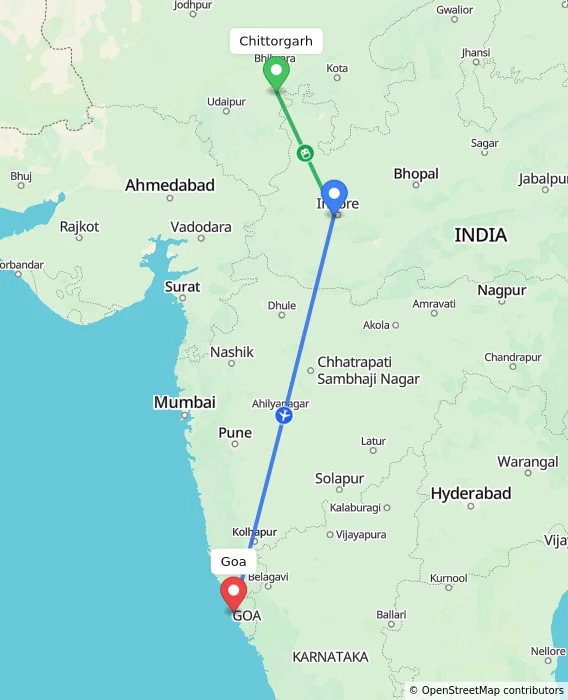 Route map showing distance and travel time from Chittorgarh, India to Goa, India