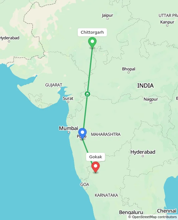 Route map showing distance and travel time from Chittorgarh, India to Gokak, India