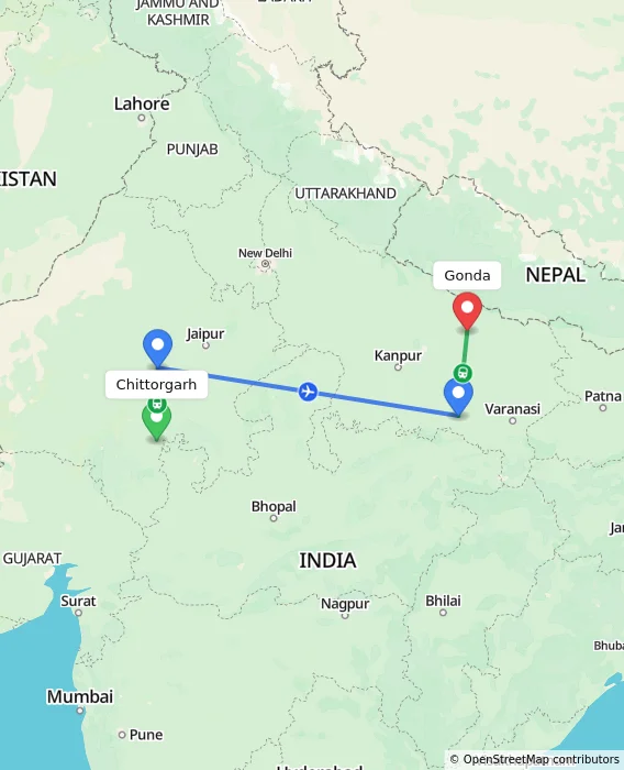 Route map showing distance and travel time from Chittorgarh, India to Gonda, India