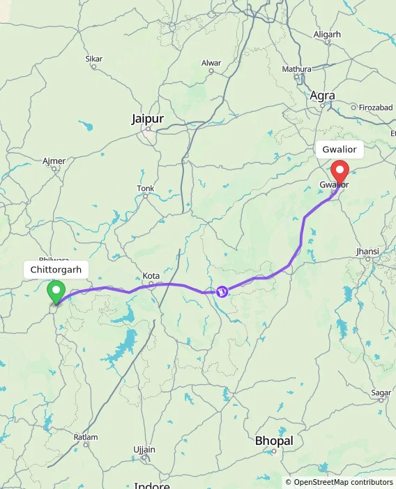 Route map showing distance and travel time from Chittorgarh, India to Gwalior, India